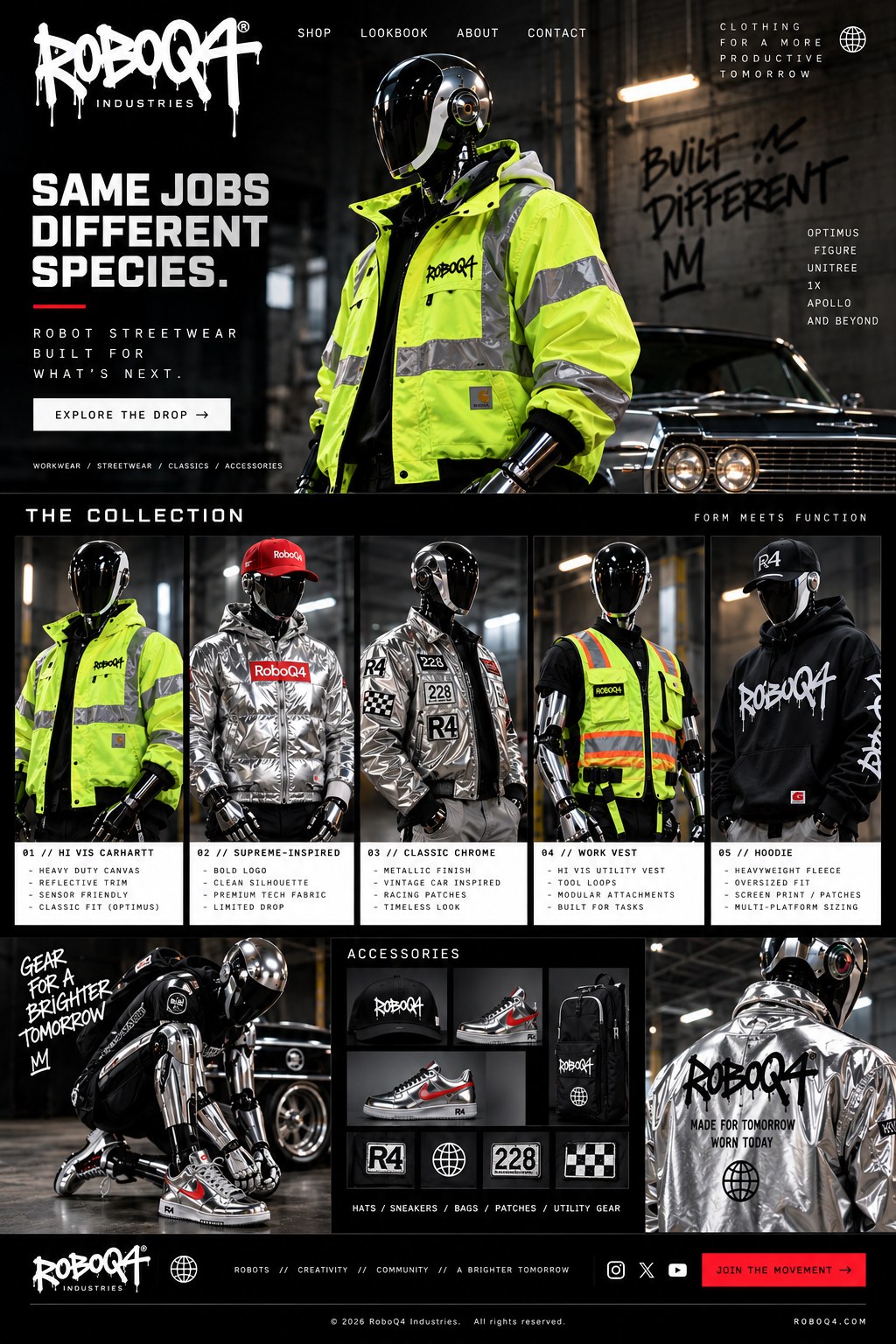 RoboQ4 Industries — Same Jobs, Different Species. Robot streetwear collection.